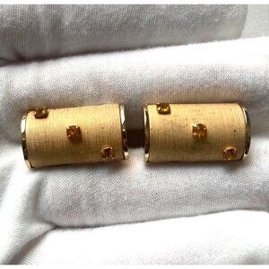 Vintage Swank Gold Tone Barrel Cufflinks Orange Rhinestone Mod Mid Century